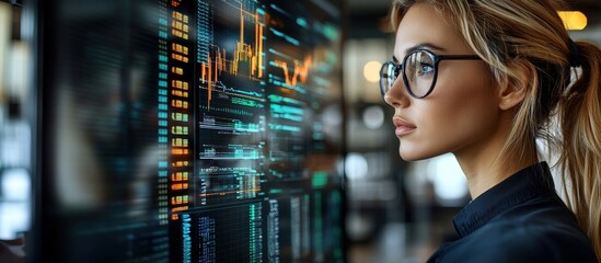 Focused blonde woman analyzing data on a digital screen in a modern workspace.