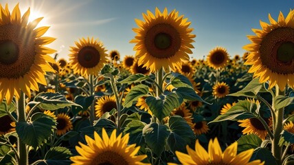 Obraz premium flower wallpaper, Sunflowers facing radiant sun under clear blue sky