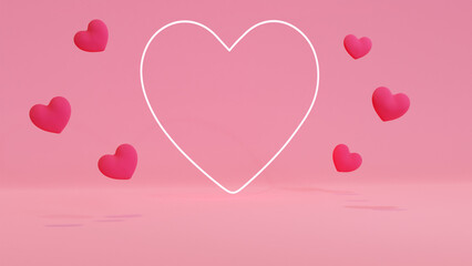 Stage podium decorated with heart shape neon lighting. Pedestal scene with for product display on pink background. Valentine's day background. Minimal style.