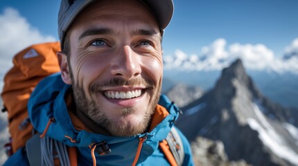 Fototapeta premium Smiling Climber on Mountain Peak