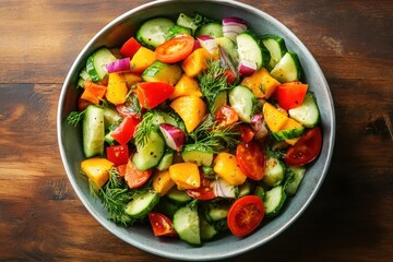 Fresh mango, cucumber, and tomato salad. Perfect for healthy eating or summer recipes.