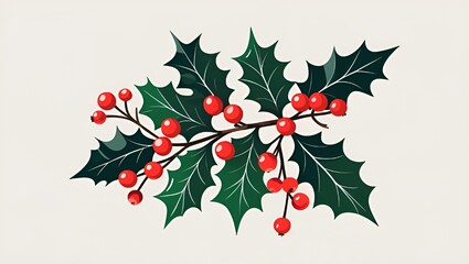 Fototapeta premium Holly Branch with Red Berries and Dark Green Leaves