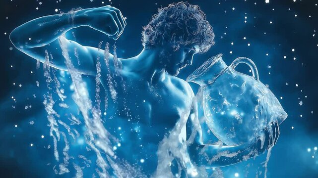 An artistic representation of the Aquarius zodiac sign, featuring a man carrying a large water jug. The man is depicted with strong, graceful features, symbolizing the Water Bearer