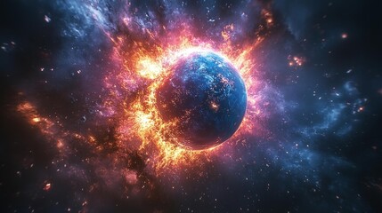 Obraz premium Cosmic Starburst with Earth-like Planet at Its Core. Generative AI