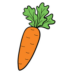 Hand drawn cartoon carrot with leaf on white background.