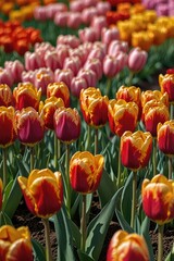 Fototapeta premium flower wallpaper, Tulips arranged symmetrically in vibrant rows of color