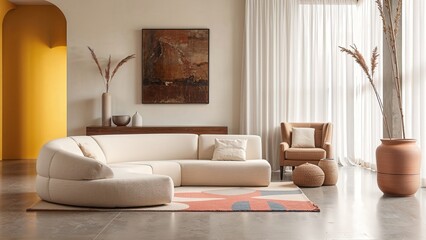 Generative AI, Bright Color Accents and Organic Textures in a Modern Minimalist Living Room