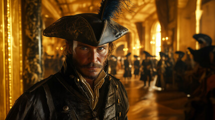 Obraz premium Close-up view of a musketeer in a grand historical setting with ornate decor and rich details in the background