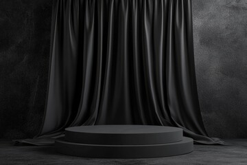 a black podium with a black fabric curtain in the background