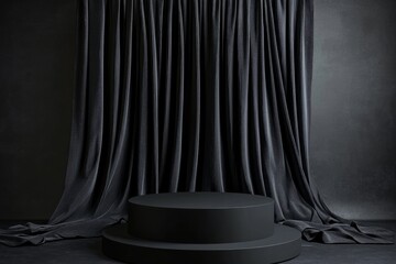 a black podium with a black fabric curtain in the background