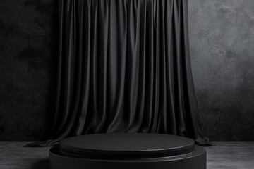 a black podium with a black fabric curtain in the background