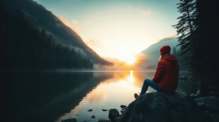 person in an orange jacket seated on a rock