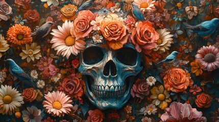 Naklejka premium Ornate skull adorned with vibrant flowers and birds.
