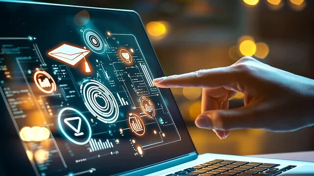 Business Educator Pointing to Knowledge Icons and Graduation Cap