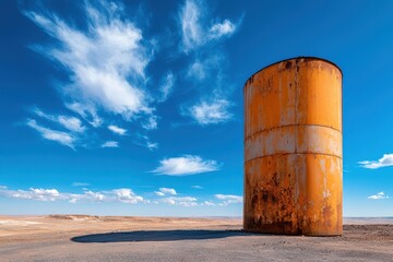 Obraz premium A rusting oil storage tank in a desolate landscape, showcasing the passage of time and industrial decay.