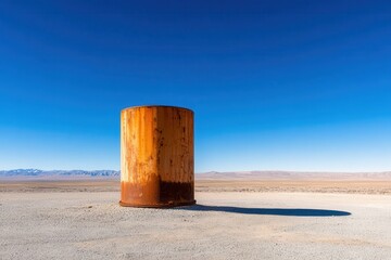 A rusting oil storage tank in a desolate landscape, showcasing the passage of time and industrial decay.