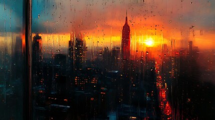 Obraz premium Rainy sunset cityscape view from window.