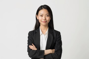 Confident young Asian woman entrepreneur in office attire.