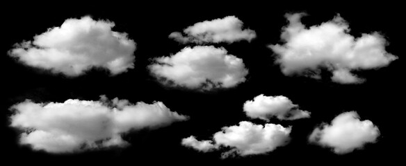 Isolated cloud collection on black background. Set of different types of clouds. Design. Fog. Haze. Clouds. Abstract clouds. Fog over the sky. Fluffy white cloud texture.