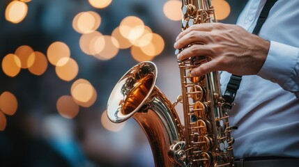 Close-up of a saxophonist's hands playing a gold alto saxophone. Perfect for music, jazz, and performance themes.