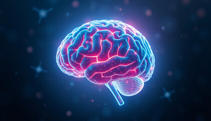 human brain in a futuristic digital aesthetic with blue and pink colors, representing complexity, intelligence, and a network of neural pathways