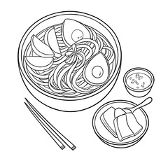 Hand-Drawn Illustration of Naengmyeon Bowl with Toppings, Chopsticks, and Side Dishes.