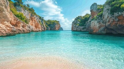 Fototapeta premium Stunning turquoise cove with cliffs and sandy beach. Picturesque Mediterranean beach.