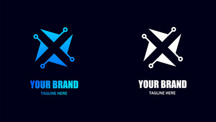 futuristic geometric tech logo template, minimalist modern design vector in gradient abstract blue and white