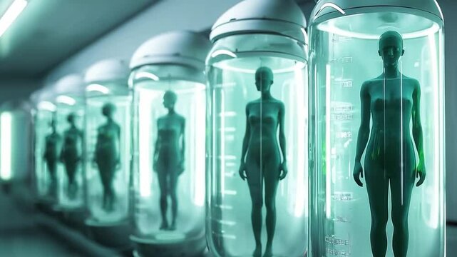 Human clone factory, Human in the capsules, capsule with human woman body inside	

