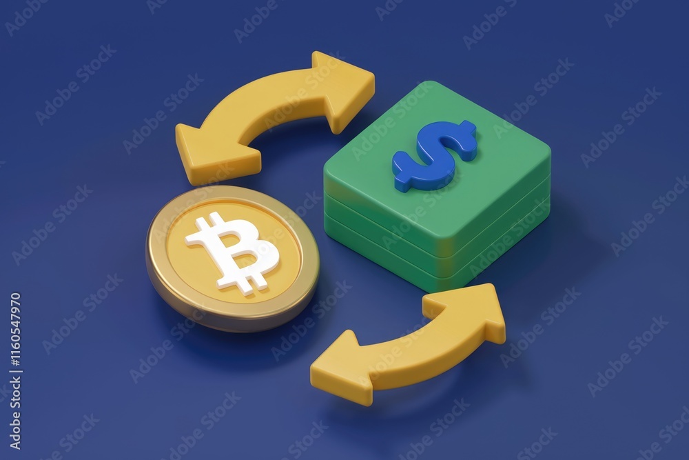 Poster bitcoin and us dollar exchange, depicted with 3d models and arrows showing the reciprocal conversion