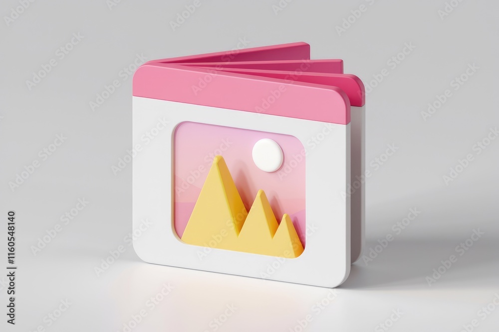Poster a 3d render of a pink and white photo album icon displaying a minimalist mountain landscape.