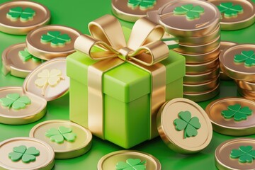 A green gift box with a gold ribbon sits among gold coins adorned with shamrocks, celebrating St. Patrick's Day.