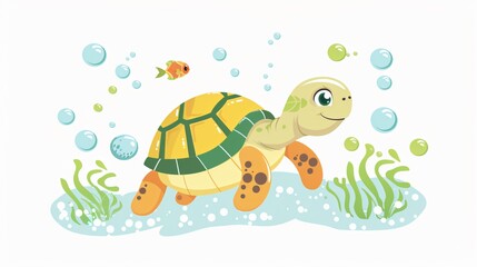 Adorable Cartoon Style Illustration of Cute Little Turtle, Fish, and Bubbles