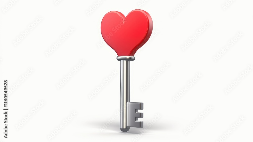 Poster a 3d rendering of a silver key with a red heart-shaped head, symbolizing love and romance.