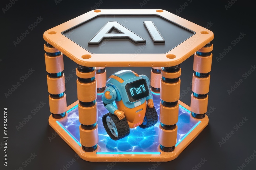 Leinwandbilder a small, cute ai robot is enclosed within a hexagonal orange structure, showcasing futuristic techno