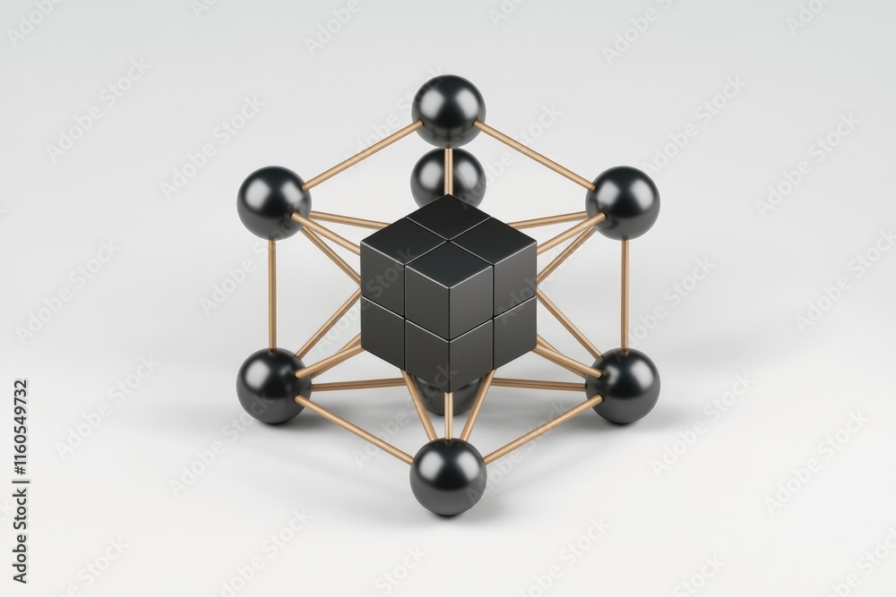 Fototapete A black cube at the center of a gold geometric structure with spheres at each node, representing connection and stability.