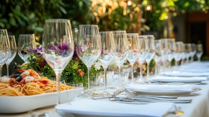 Elegant Dining Table with Seafood and Spaghetti