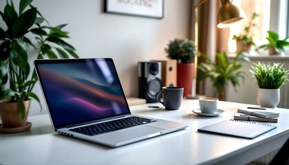 Modern Home Office Setup with a Laptop, Coffee Mug, and Minimalistic Decor, Emphasizing the Remote Work Trend, Productivity, and Comfortable Workspace for the New Era of Telecommuting.