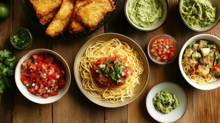 Casual Meal Setup with Spaghetti and Fried Dishes