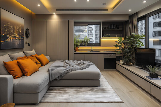 Photographie int&eacute;rieure d&rsquo;un studio &eacute;tudiant compact avec cloison coulissante, kitchenette moderne et &eacute;l&eacute;gante, pour un design fonctionnel