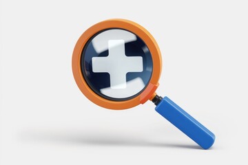 Fototapeta premium Magnifying glass focusing on a plus sign, symbolizing medical search or healthcare.