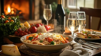 Cozy Family Dinner Table with Steaming Pasta Dish