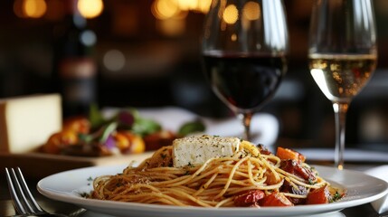 Elegant Spaghetti Dish with Wine and Side Salad