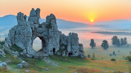 Sunrise over misty valley with unique rock formation.