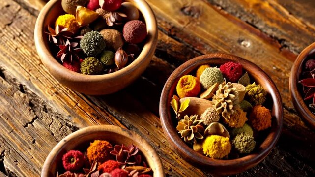 Assorted Indian Spices and Masalas in Bowls, Vibrant Colors and Aromatic Ingredients.