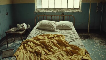 Abandoned room with disheveled bed and neglected surroundings in a derelict building