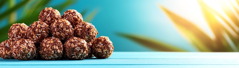Obraz premium Superfood protein balls with an Australian surf backdrop, modern wellness snacks, healthy and energizing