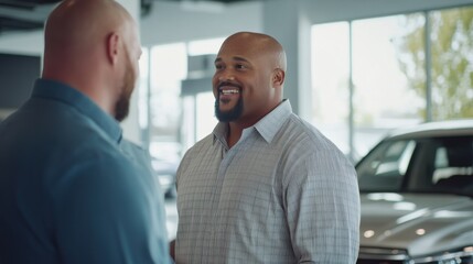 Vehicle trade-in interaction. Featuring a dealer discussing options with a client