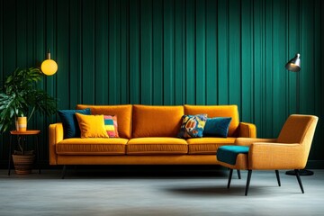 Stylish living room design featuring bright yellow sofa and green walls in modern home