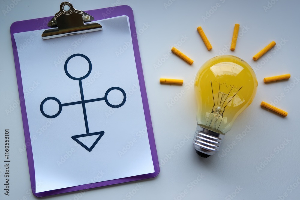 Fototapete a clipboard displays a flowchart, symbolizing a process or plan, accompanied by a glowing lightbulb,